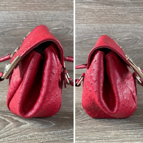 EUC Red Ostrich Embossed Shoulder Bag with Ornate Silver Hardware - Picture 3 of 13